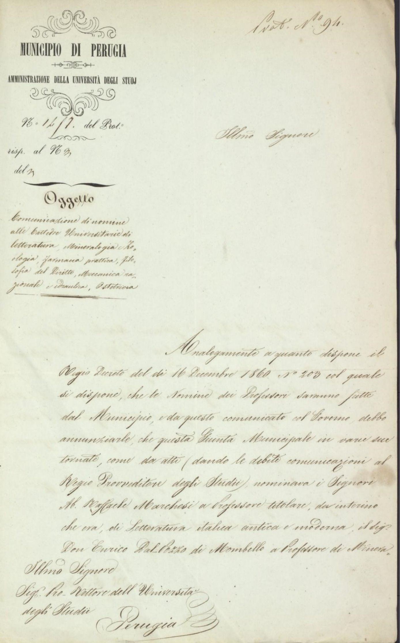 Fig. 2 - Nomina da parte del municipio di Perugia a professore di Mineralogia [ASUPa].