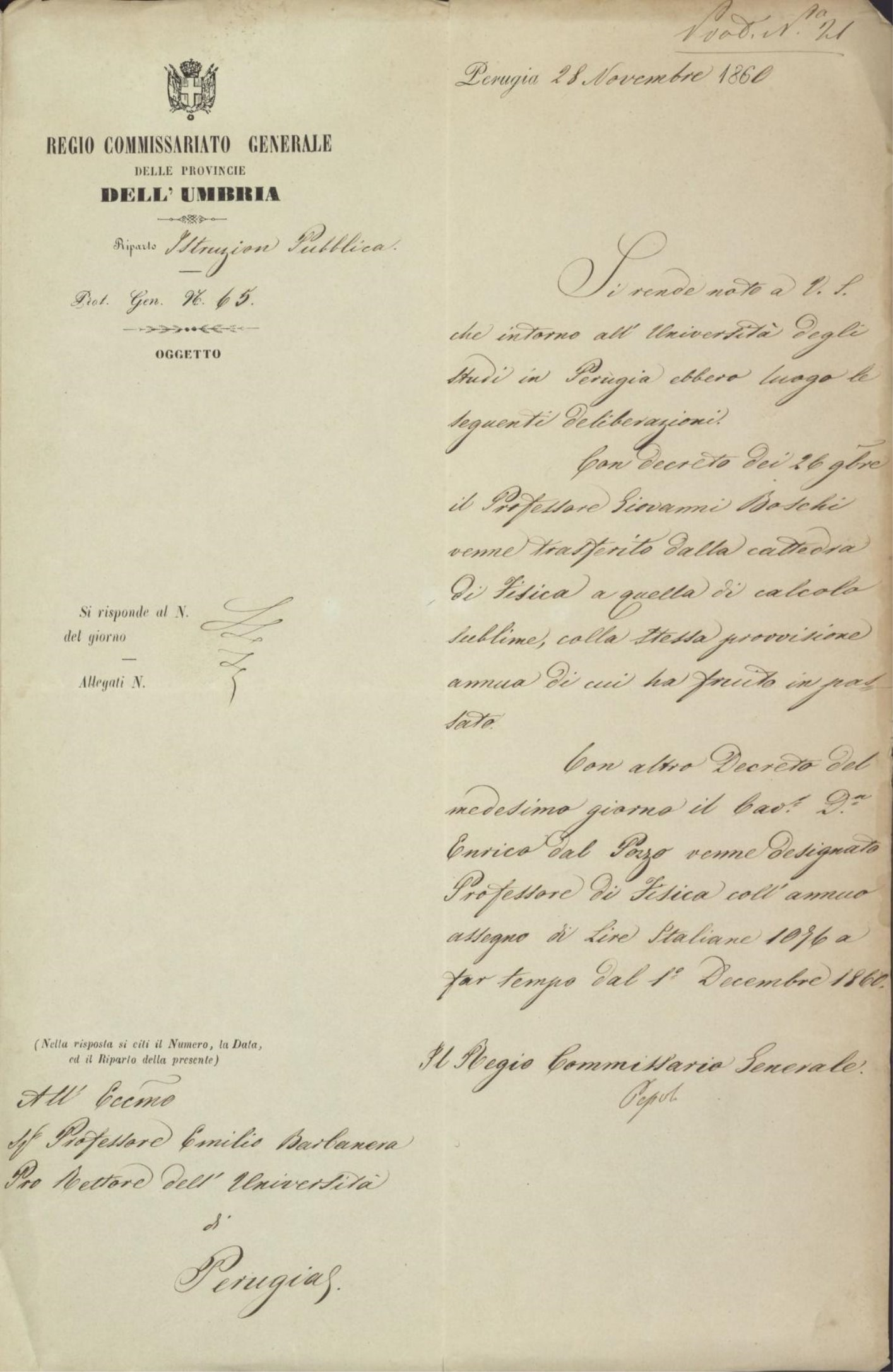 Fig. 1 - Lettera di nomina a professore di Fisica firmata dal commissario regio Piepoli [ASUPa]. 