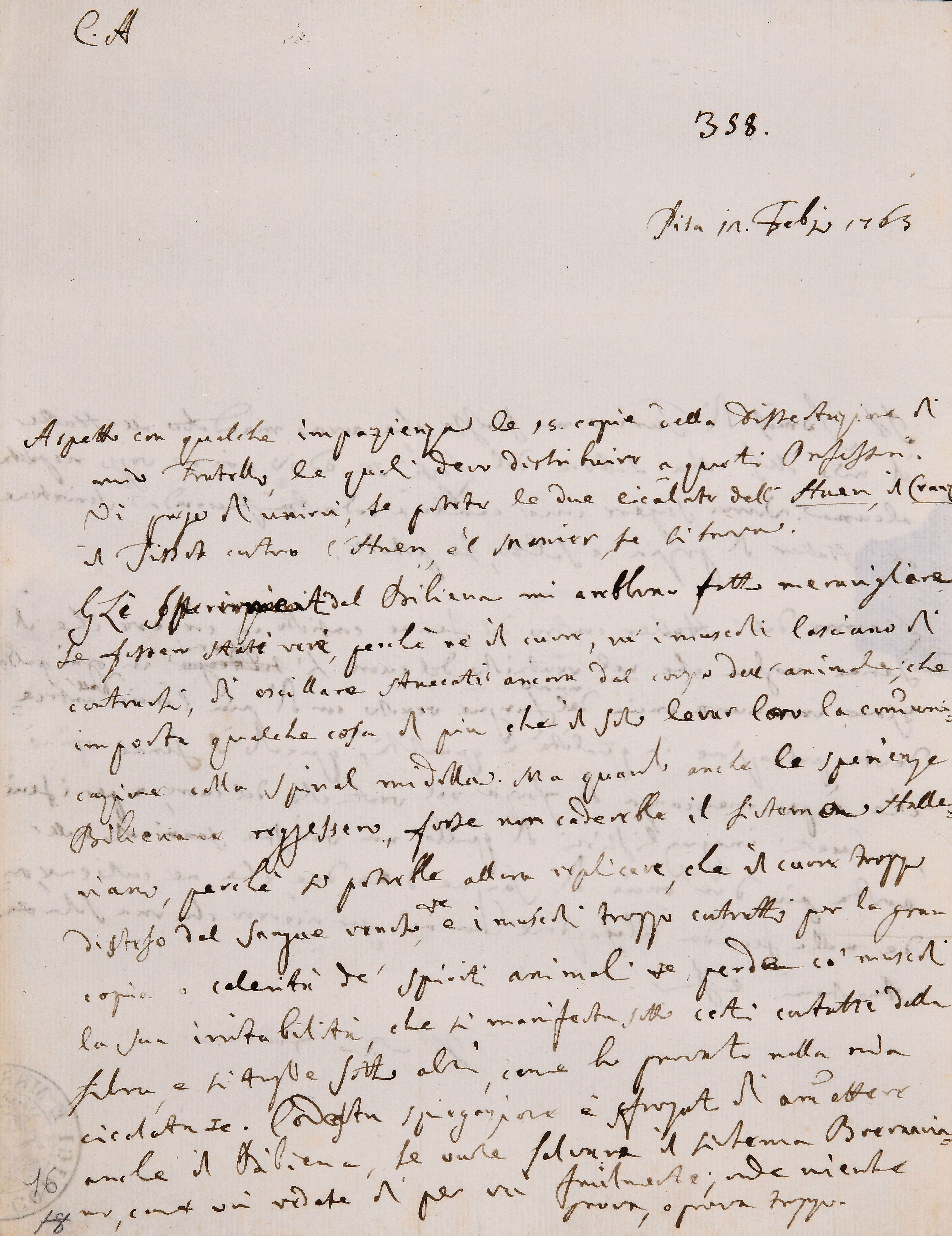 Lettera autografa di Felice Fontana a Leopoldo Marcantonio Caldani. Pisa, 12 febbraio 1763. Modena, Biblioteca estense, Autografoteca Campori, F. Fontana, 18.